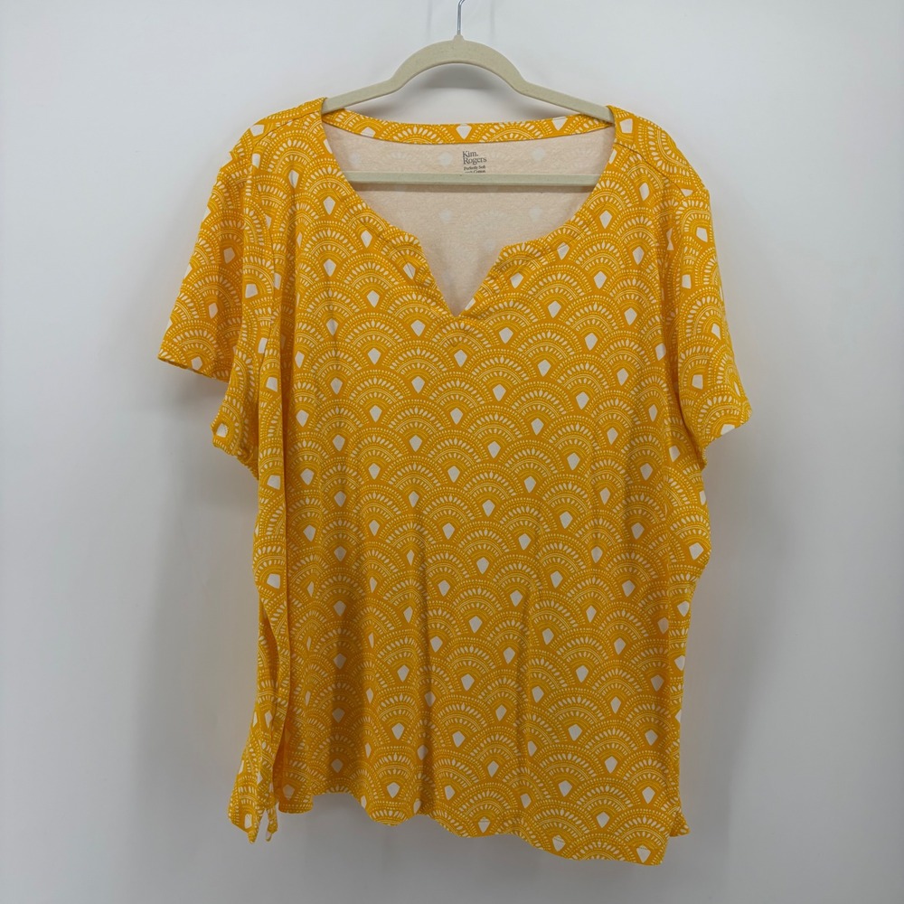Kim Rogers Womens 3X Yellow White Geometric Fan Split Neck Short Sleeve Top